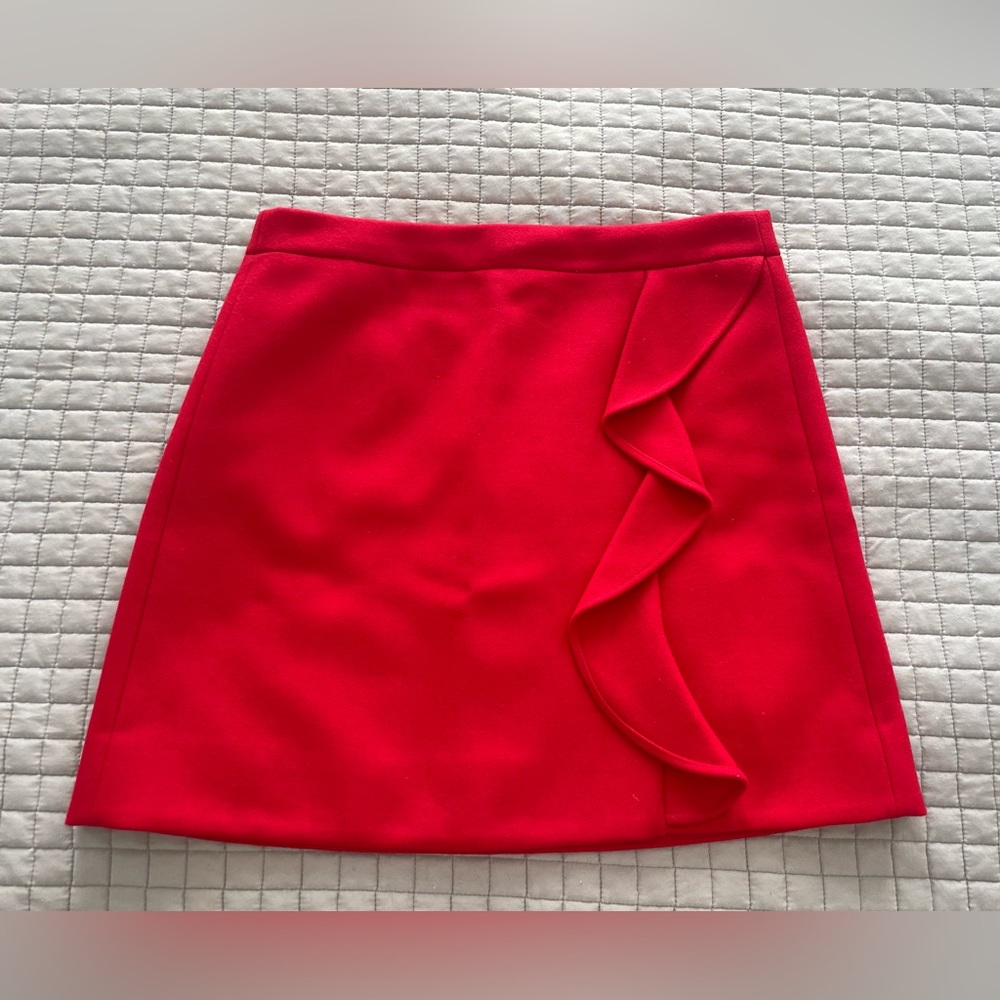 J. Crew Red Ruffle Miniskirt in Double-Serge Wool - Size 10